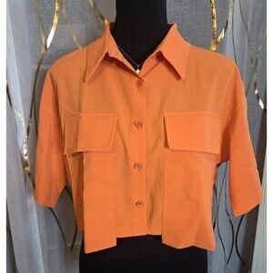 Womens Orange Cropped Button Up Shirt Utility Pocket Top Short Sleeve Top